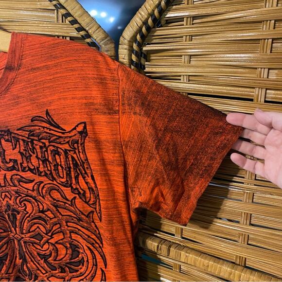 Affliction Men's Burnt Orange red Graphic Tee distressed biker tattoo MMA large - Picture 3 of 8